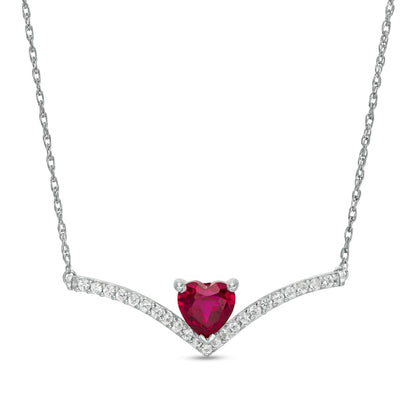 6.0mm Heart-Shaped Lab-Created Ruby and White Sapphire Chevron Necklace in Sterling Silver