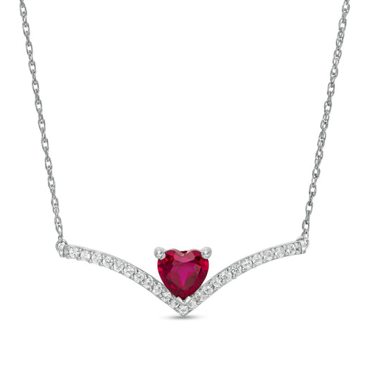6.0mm Heart-Shaped Lab-Created Ruby and White Sapphire Chevron Necklace in Sterling Silver