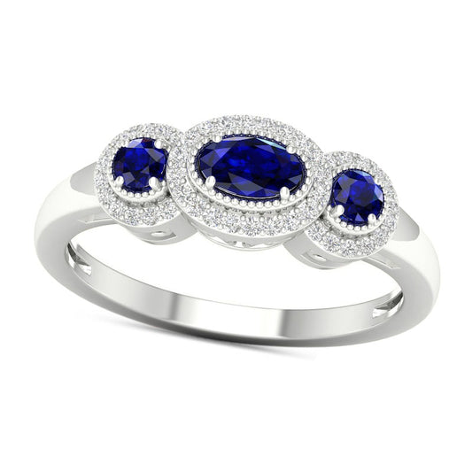 Blue Sapphire and 0.13 CT. T.W. Natural Diamond Frame Three Stone Antique Vintage-Style Ring in Solid 10K White Gold