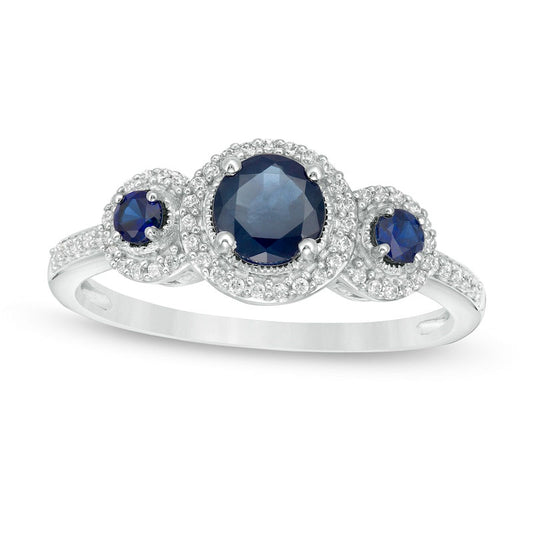 Blue Sapphire and 0.17 CT. T.W. Natural Diamond Frame Three Stone Ring in Solid 10K White Gold