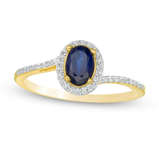 Oval Blue Sapphire and 0.13 CT. T.W. Natural Diamond Frame Bypass Ring in Solid 10K Yellow Gold