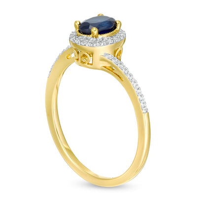 Oval Blue Sapphire and 0.13 CT. T.W. Natural Diamond Frame Bypass Ring in Solid 10K Yellow Gold