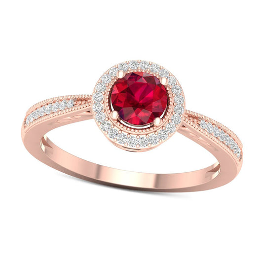 5.0mm Ruby and 0.13 CT. T.W. Natural Diamond Frame Antique Vintage-Style Ring in Solid 10K Rose Gold