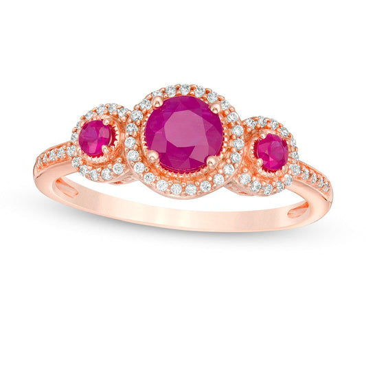 5.0mm Ruby and 0.17 CT. T.W. Natural Diamond Frame Three Stone Ring in Solid 10K Rose Gold