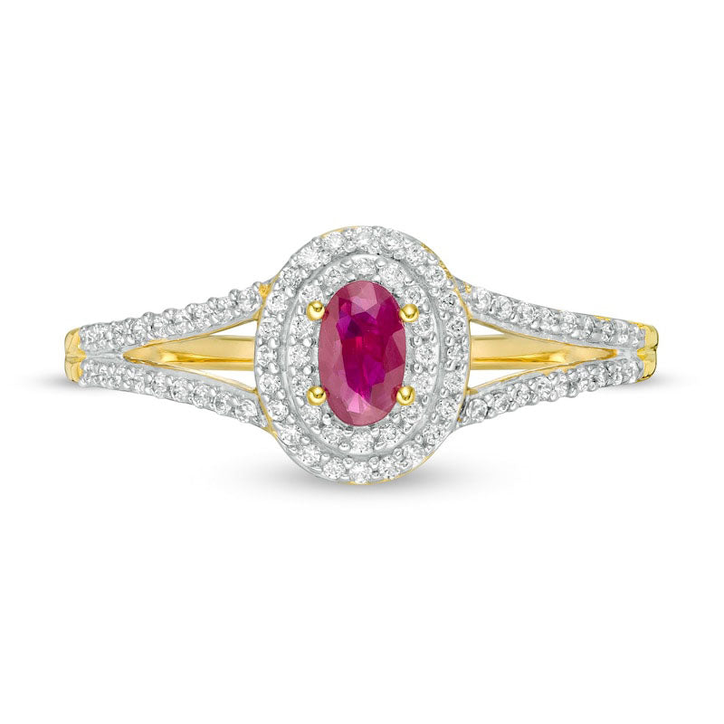 Oval Ruby and 0.20 CT. T.W. Natural Diamond Double Frame Split Shank Ring in Solid 10K Yellow Gold