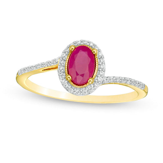 Oval Ruby and 0.13 CT. T.W. Natural Diamond Frame Bypass Ring in Solid 10K Yellow Gold