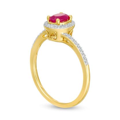 Oval Ruby and 0.13 CT. T.W. Natural Diamond Frame Bypass Ring in Solid 10K Yellow Gold