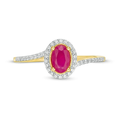 Oval Ruby and 0.13 CT. T.W. Natural Diamond Frame Bypass Ring in Solid 10K Yellow Gold
