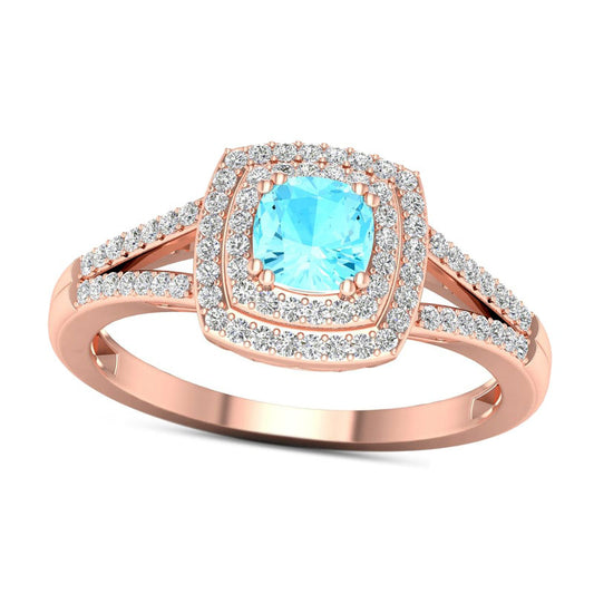 5.0mm Cushion-Cut Aquamarine and 0.20 CT. T.W. Natural Diamond Double Frame Split Shank Ring in Solid 10K Rose Gold