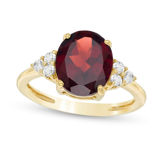 Oval Garnet and White Topaz Tri-Sides Ring in Solid 10K Yellow Gold