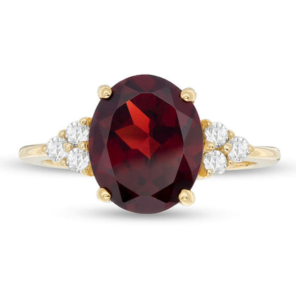 Oval Garnet and White Topaz Tri-Sides Ring in Solid 10K Yellow Gold
