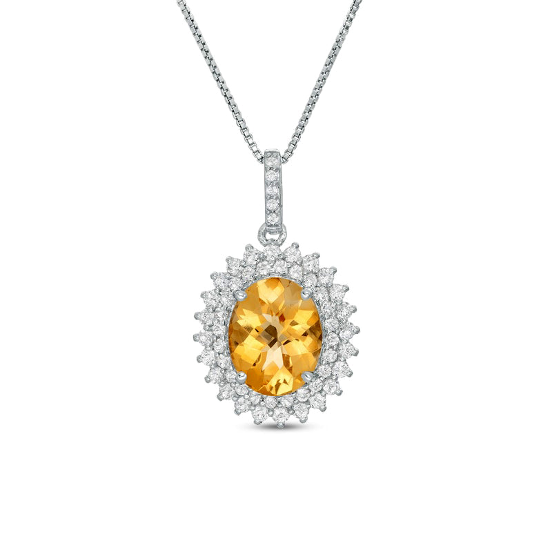 Oval Citrine and White Topaz Starburst Double Frame Pendant in Sterling Silver