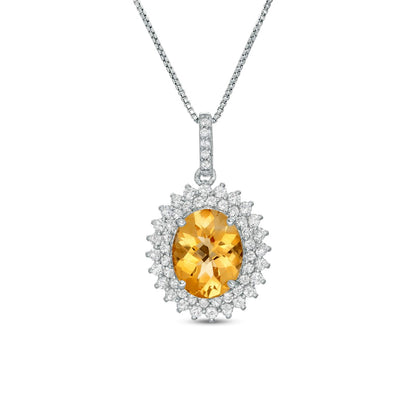 Oval Citrine and White Topaz Starburst Double Frame Pendant in Sterling Silver