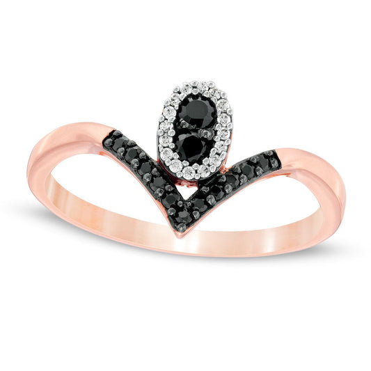 0.20 CT. T.W. Enhanced Black and White Natural Diamond Oval Frame Chevron Ring in Solid 10K Rose Gold