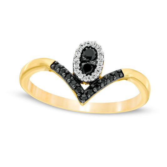 0.20 CT. T.W. Enhanced Black and White Natural Diamond Oval Frame Chevron Ring in Solid 10K Yellow Gold