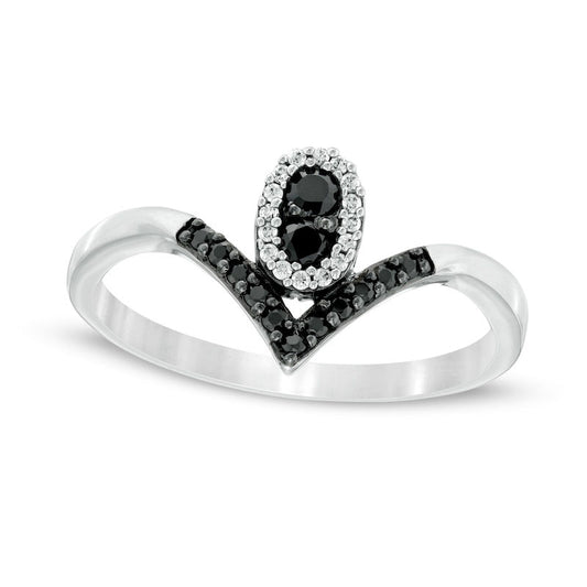 0.20 CT. T.W. Enhanced Black and White Natural Diamond Oval Frame Chevron Ring in Solid 10K White Gold
