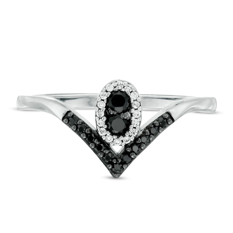0.20 CT. T.W. Enhanced Black and White Natural Diamond Oval Frame Chevron Ring in Solid 10K White Gold