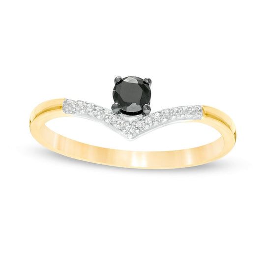 0.20 CT. T.W. Enhanced Black and White Natural Diamond Chevron Promise Ring in Solid 10K Yellow Gold