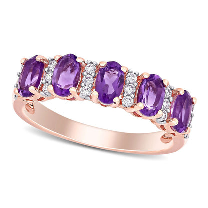 Oval Amethyst and 0.17 CT. T.W. Natural Diamond Five Stone Ring in Solid 14K Rose Gold