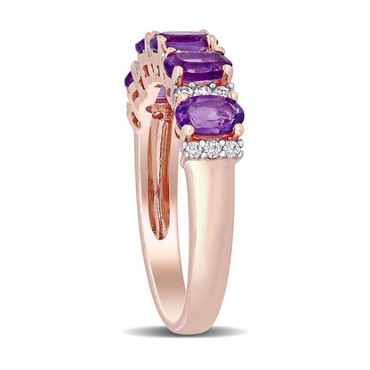 Oval Amethyst and 0.17 CT. T.W. Natural Diamond Five Stone Ring in Solid 14K Rose Gold