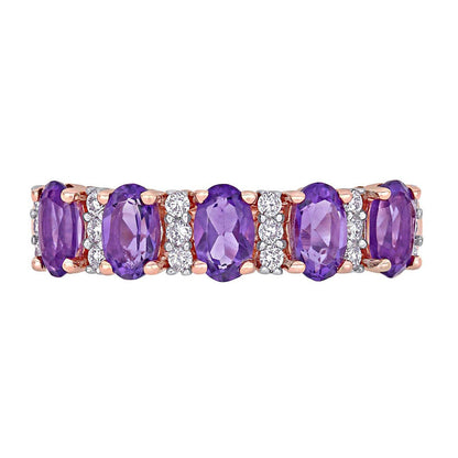 Oval Amethyst and 0.17 CT. T.W. Natural Diamond Five Stone Ring in Solid 14K Rose Gold