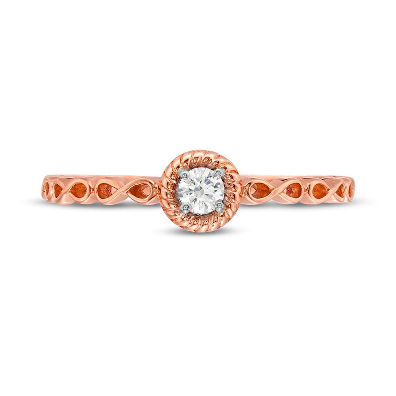 0.10 CT. Natural Clarity Enhanced Diamond Rope Frame Infinity Shank Solitaire Promise Ring in Solid 10K Rose Gold