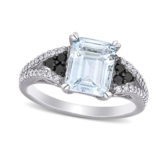 Emerald-Cut Aquamarine and 0.38 CT. T.W. Enhanced Black and White Natural Diamond Split Shank Ring in Sterling Silver