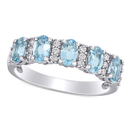 Oval Aquamarine and 0.17 CT. T.W. Natural Diamond Five Stone Ring in Solid 14K White Gold