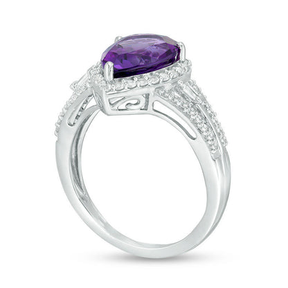 Pear-Shaped Amethyst and Lab-Created White Sapphire Frame Triple Row Split Shank Ring in Sterling Silver