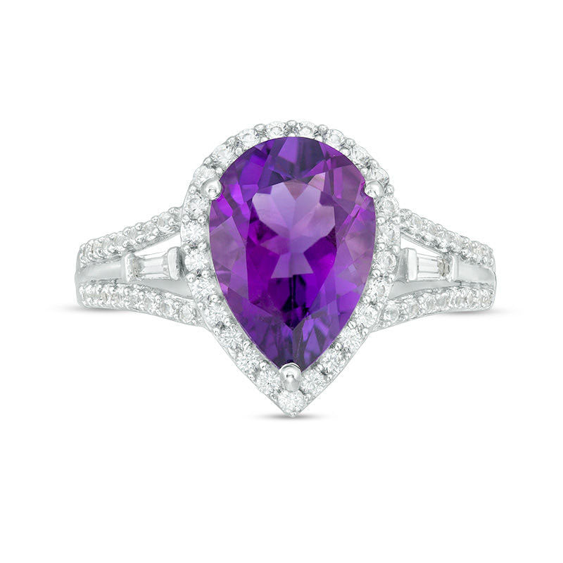 Pear-Shaped Amethyst and Lab-Created White Sapphire Frame Triple Row Split Shank Ring in Sterling Silver