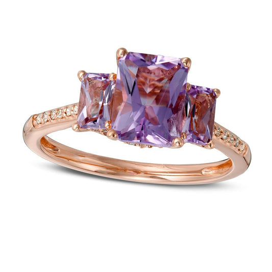 Emerald-Cut Pink Quartz and 0.17 CT. T.W. Natural Diamond Three Stone Ring in Solid 14K Rose Gold - Size 7