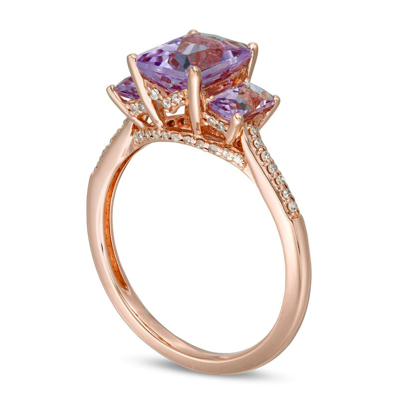 Emerald-Cut Pink Quartz and 0.17 CT. T.W. Natural Diamond Three Stone Ring in Solid 14K Rose Gold - Size 7
