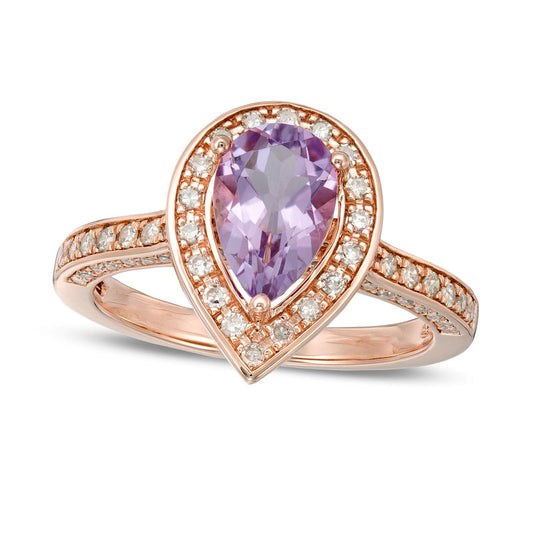 Pear-Shaped Pink Quartz and 0.38 CT. T.W. Natural Diamond Teardrop Frame Ring in Solid 14K Rose Gold - Size 7