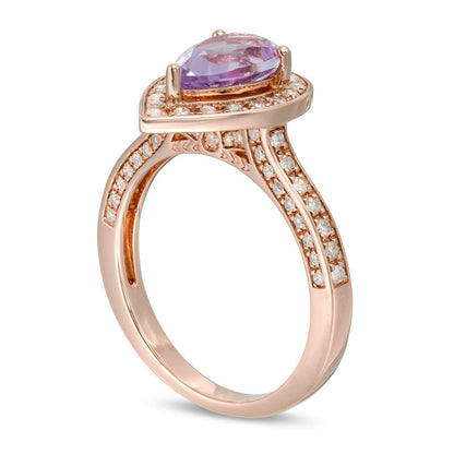 Pear-Shaped Pink Quartz and 0.38 CT. T.W. Natural Diamond Teardrop Frame Ring in Solid 14K Rose Gold - Size 7