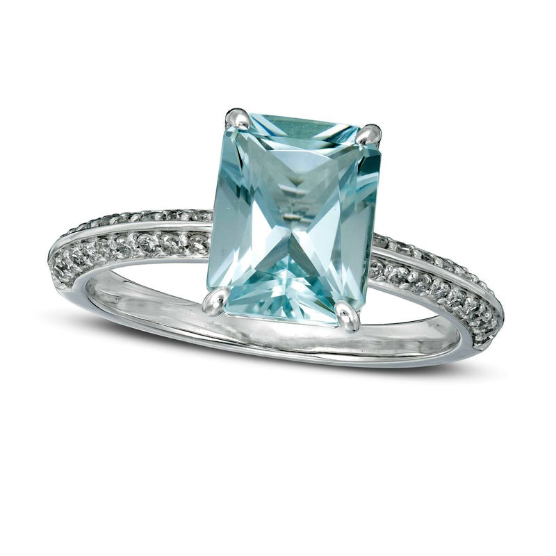 Emerald-Cut Aquamarine and 0.25 CT. T.W. Natural Diamond Ring in Solid 14K White Gold - Size 7