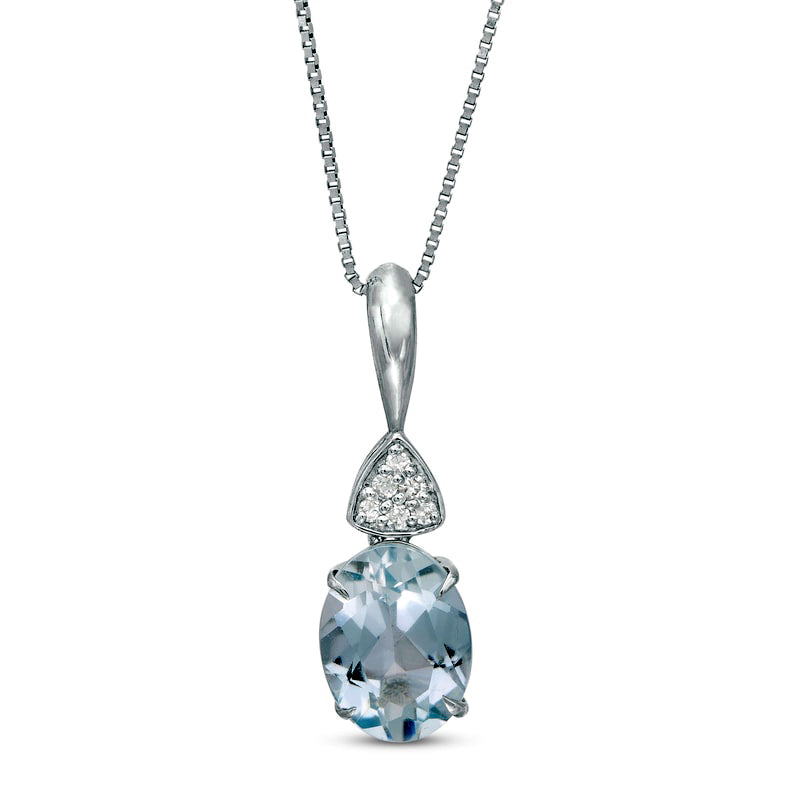 Oval Aquamarine and Triangular Composite Natural Diamond Accent Pendant in 10K White Gold