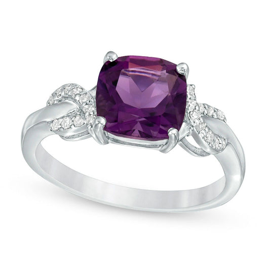 8.0mm Cushion-Cut Amethyst and 0.10 CT. T.W. Natural Diamond Ribbons Ring in Sterling Silver