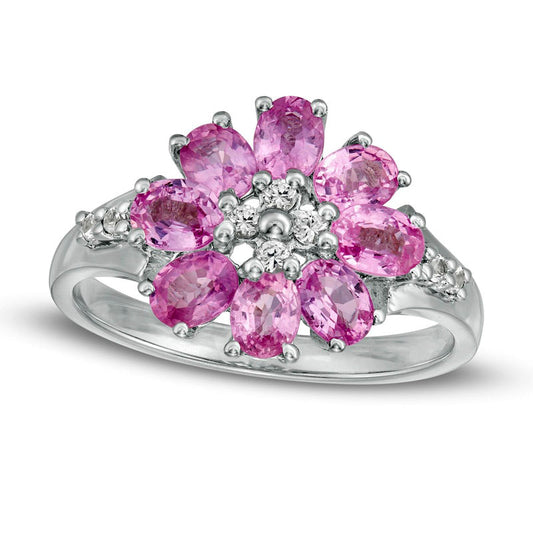 Oval Pink and Lab-Created White Sapphire Flower Ring in Sterling Silver