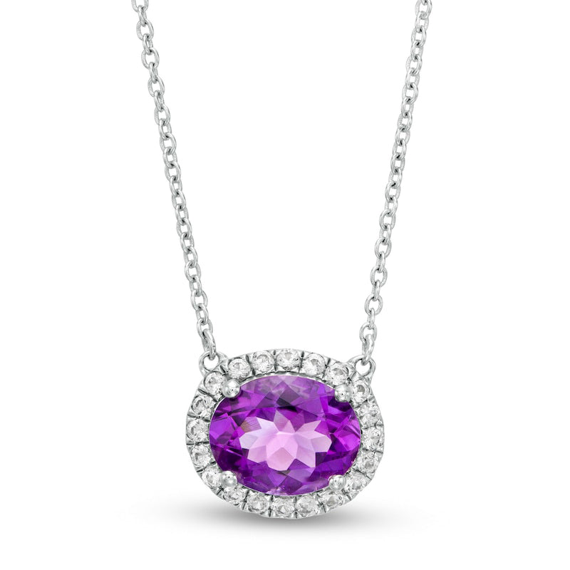 Sideways Oval Amethyst and Lab-Created White Sapphire Frame Necklace in Sterling Silver