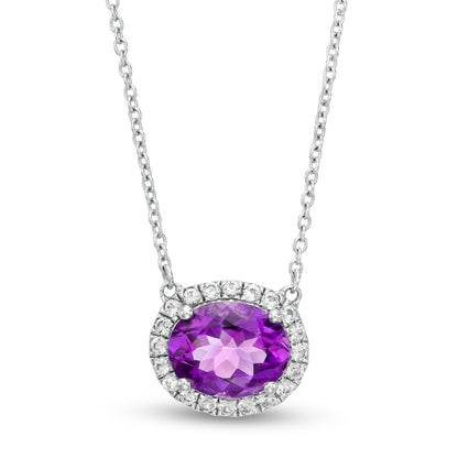 Sideways Oval Amethyst and Lab-Created White Sapphire Frame Necklace in Sterling Silver