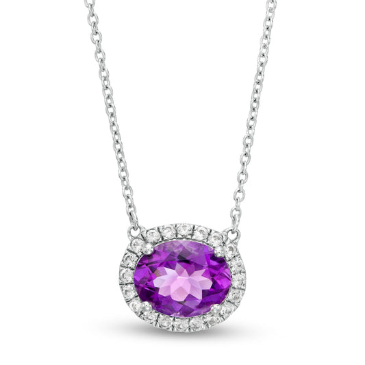 Sideways Oval Amethyst and Lab-Created White Sapphire Frame Necklace in Sterling Silver