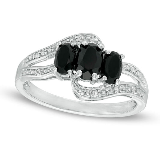 Oval Onyx and White Topaz Beaded Bypass Ring in Sterling Silver