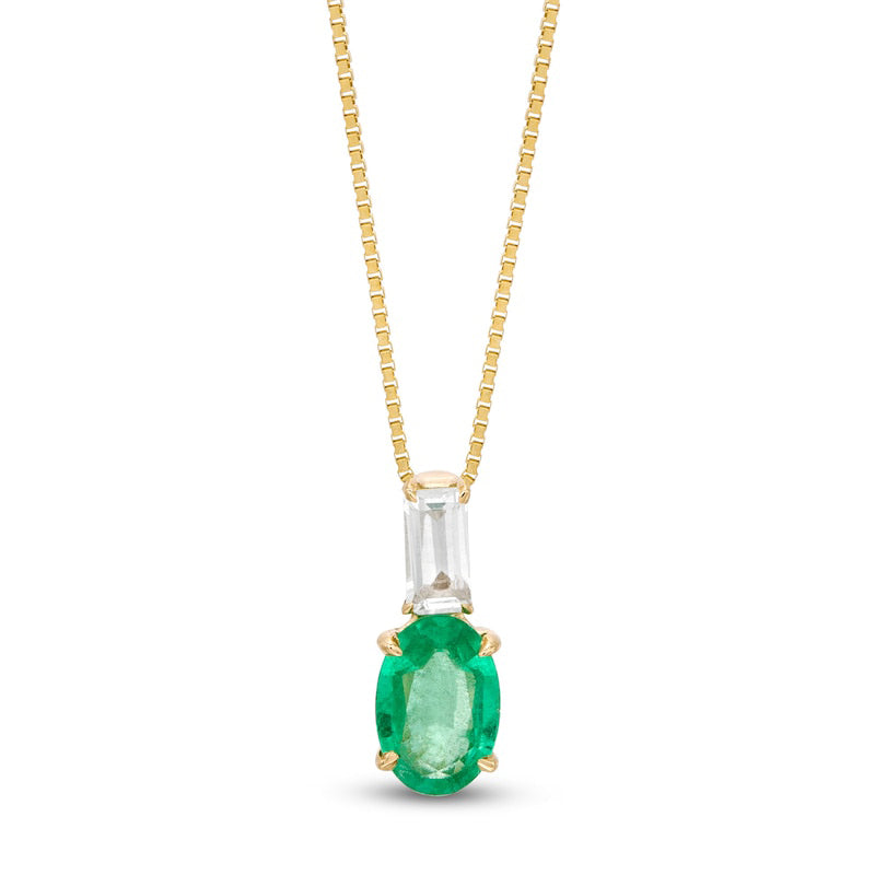 Oval Emerald and Baguette-Cut White Topaz Pendant in 10K Yellow Gold