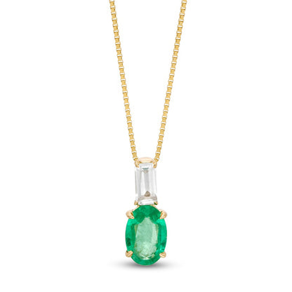Oval Emerald and Baguette-Cut White Topaz Pendant in 10K Yellow Gold