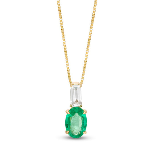 Oval Emerald and Baguette-Cut White Topaz Pendant in 10K Yellow Gold