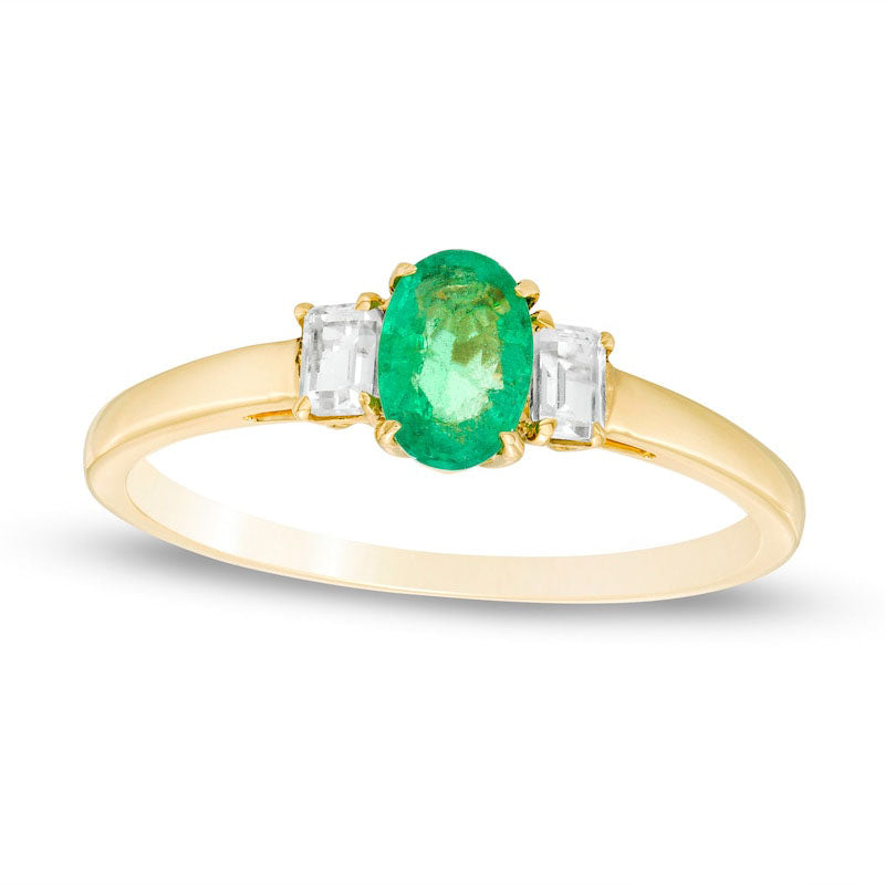 Oval Emerald and Baguette-Cut White Topaz Three Stone Ring in Solid 10K Yellow Gold
