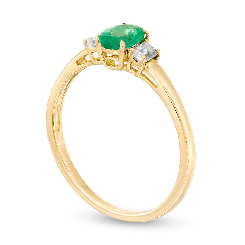 Oval Emerald and Baguette-Cut White Topaz Three Stone Ring in Solid 10K Yellow Gold