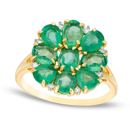 Multi-Shaped Emerald and 0.05 CT. T.W. Natural Diamond Flower Ring in Solid 10K Yellow Gold