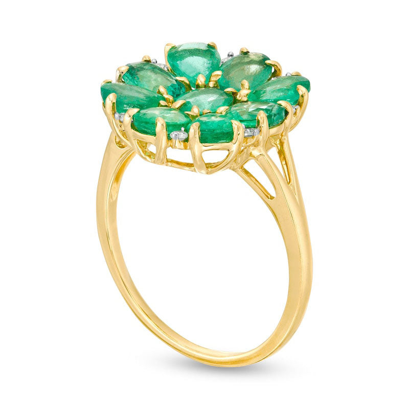 Multi-Shaped Emerald and 0.05 CT. T.W. Natural Diamond Flower Ring in Solid 10K Yellow Gold