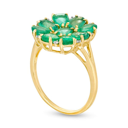 Multi-Shaped Emerald and 0.05 CT. T.W. Natural Diamond Flower Ring in Solid 10K Yellow Gold